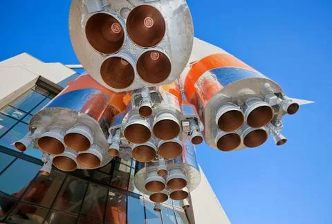 Details of space rocket engine over blue sky background Stock Photos