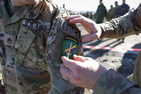 Details with a US army patch during The Dacian Fall 2025 Multinational Exer.. Stock Photos