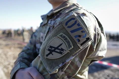Details with a US army patch during The Dacian Fall 2025 Multinational Exer.. Stock Photos