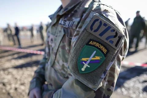 Details with a US army patch during The Dacian Fall 2025 Multinational Exer.. Stock Photos