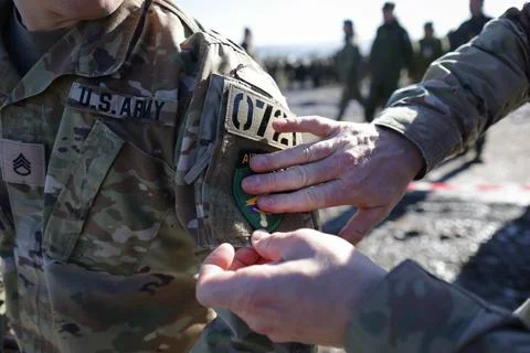Details with a US army patch during The Dacian Fall 2025 Multinational Exer.. Stock Photos