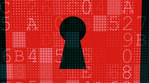 Detected threat to system security, red digital padlock with machine code Stock Footage 116354046