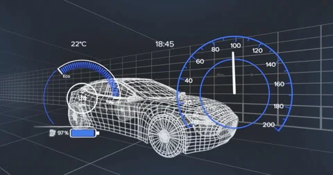Detecting 9% battery starting charging, wireframe 3D car accelerating to 100km Stock Footage 312486275