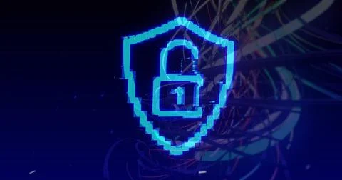 Detecting data surge, glowing voxel shield with padlock activating in cyber Stock Illustration