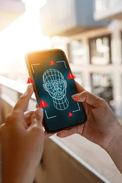 Detecting deep fake technology on a smartphone in a modern city setting during Stock Photos