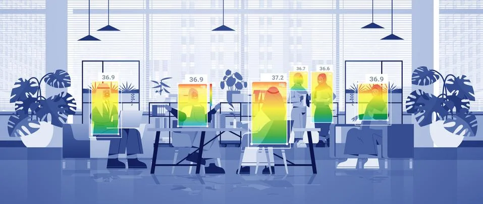 Detecting elevated body temperature of arab businesspeople in office checking by Stock Illustration