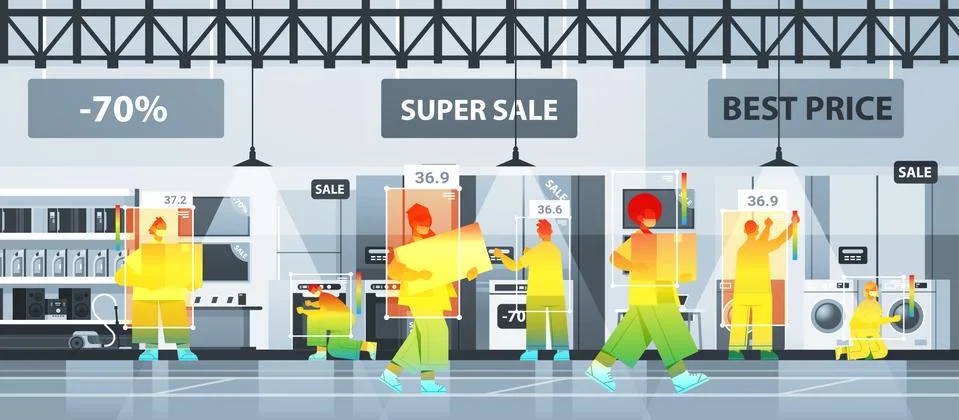 Detecting elevated body temperature of people in market checking by non-contact Stock Illustration