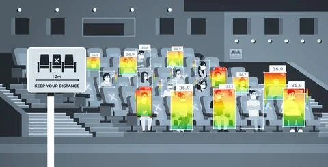 Detecting elevated body temperature of people in cinema checking by non-contact Stock Illustration