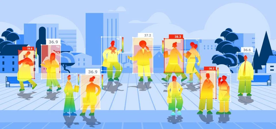 Detecting elevated body temperature of people walking in park checking by non Ilustración de archivo