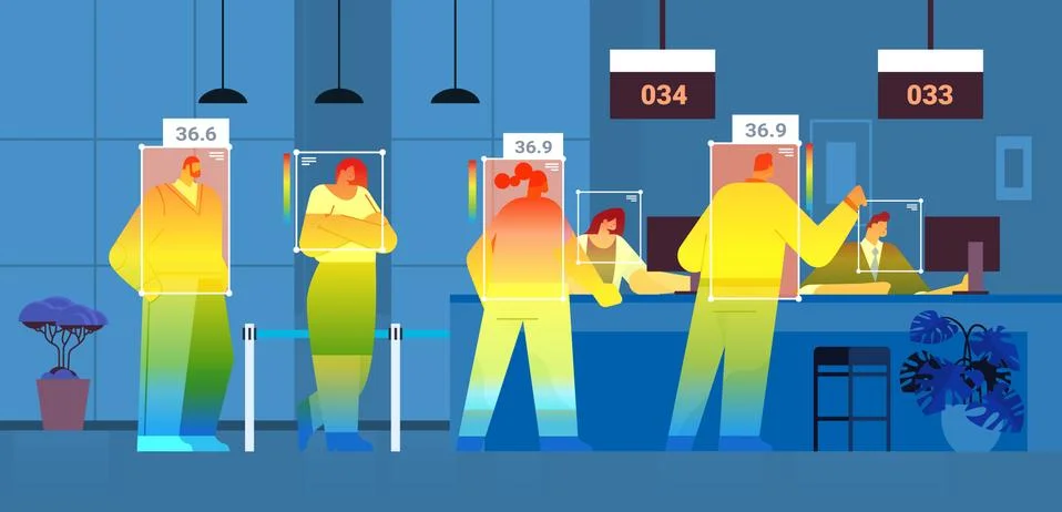 Detecting elevated body temperature of people in waiting room checking by non Stock Illustration