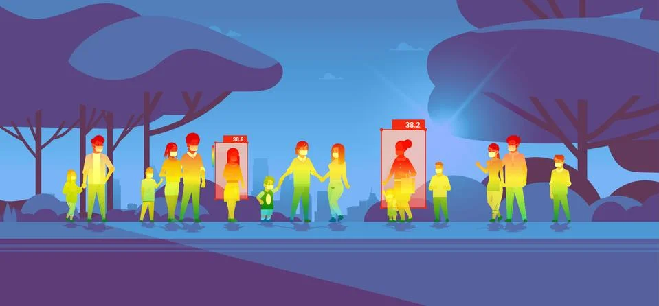 Detecting elevated body temperature of people walking in park checking by non Ilustración de archivo