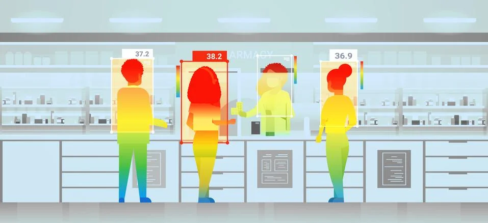 Detecting elevated body temperature of people in drugstore checking by non Stock Illustration