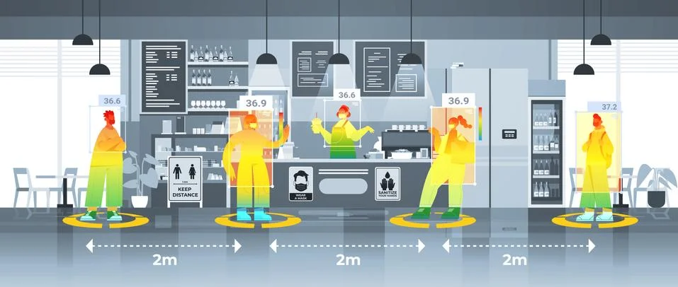 Detecting elevated body temperature of people in cafe checking by non-contact Stock Illustration