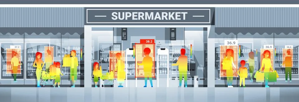 Detecting elevated body temperature of people walking in supermarket checking by 库存插图