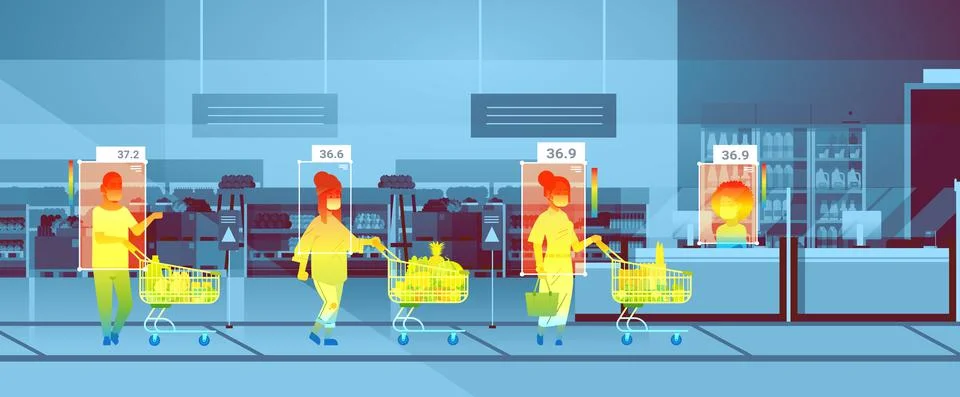 Detecting elevated body temperature of people walking in supermarket checking by 库存插图