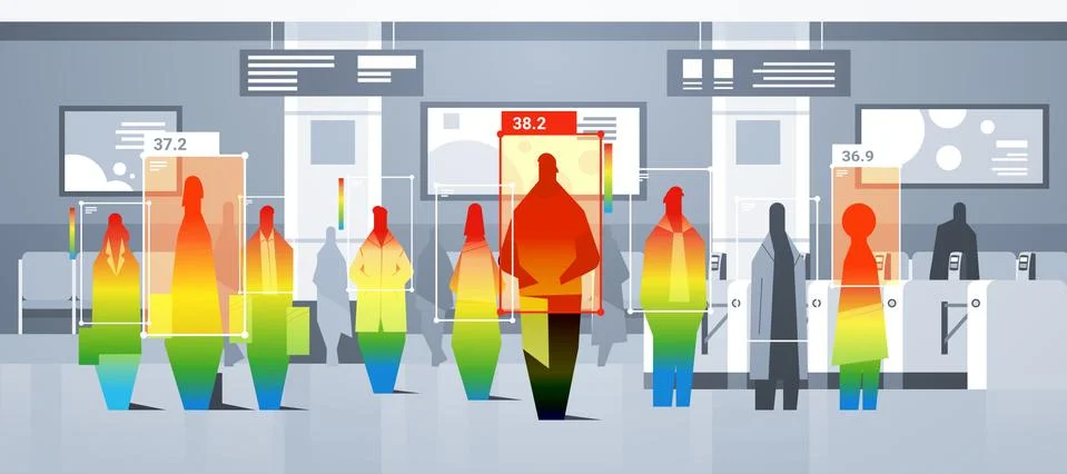 Detecting elevated body temperature of subway passengers checking by non-contact 库存插图