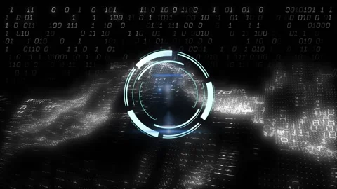 On detecting input, circular HUD rotating and pulsing while binary waves rising Stock Footage 312844281