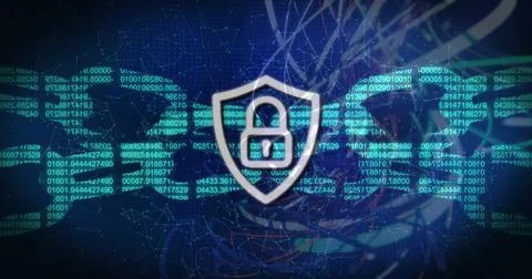 Detecting intrusion, white shield with padlock emitting glow over network, Illustrazione stock