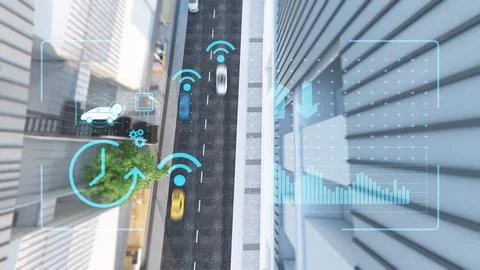 Detection and communication systems during driving.autonomous cars. Driverl.. Stock Photos