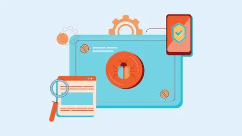 Detection and elimination of dangerous bug illustration. Warning software about Illustrazione stock