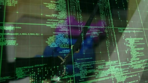 On detection green grid overlay shifting down-right, revealing desk, camera Stock Footage 323336796