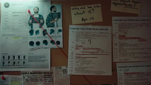 Detective Board with Mugshots, Notes, Fingerprints Link by Red Thread Stock-Footage 239025905
