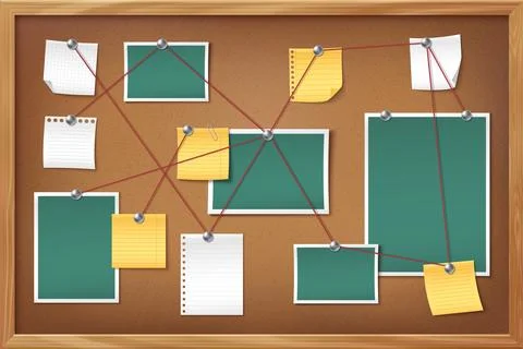Detective board with pinned paper notes Stock Illustration