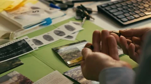 Detective on desk comparing bullets, evidence to photos. 스톡 동영상 237585032