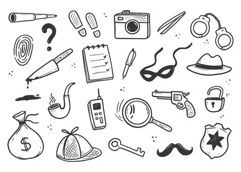 Detective doodle set. Hand drawn sketch Stock Illustration