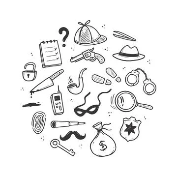 Detective doodle set. Hand drawn sketch Stock Illustration