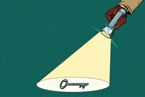 Detective flashlight beam shines on key Stock Illustration