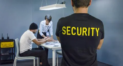 Detective interrogating a suspect in dark room under surveillance by security Stock Photos