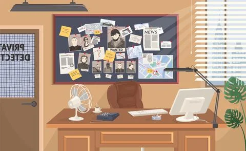 Detective office work place interior flat vector Stock Illustration