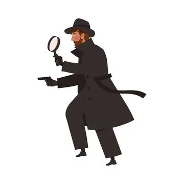 Detective or Spy in Black Coat and Hat Aiming with Gun Holding Magnifying Glass Stock Illustration