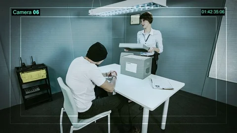 Detective presents evidence. Held record on surveillance camera in the room Stock Footage 70766321