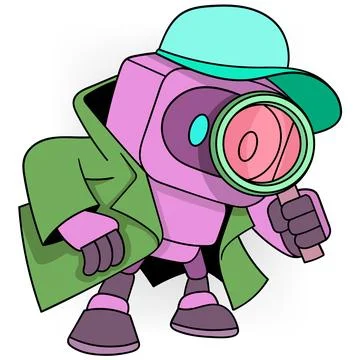 Detective robot is studying a case carrying a magnifying glass looking for .. Stock-Illustration