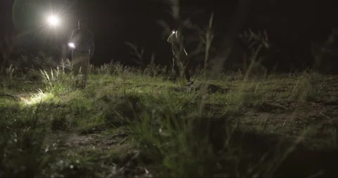 Detective, search party and flashlight at night in field, missing person and 库存影片 269110100