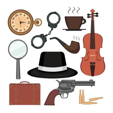 Detective set elements on white background. Kit includes magnifying glass, gun Illustrazione stock
