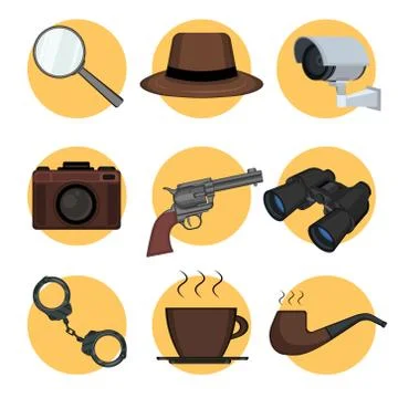 Detective set elements on yellow circles. Kit includes magnifying glass イラスト素材