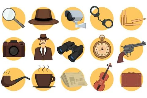 Detective set elements on yellow circles. Kit includes detective magnifying 스톡 일러스트