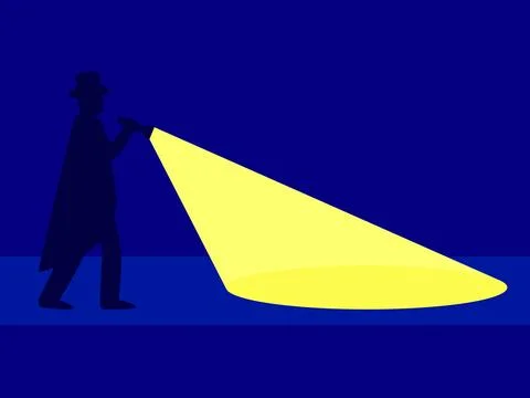The detective shines a flashlight in front of him. A male silhouette in a h.. Stock-Illustration