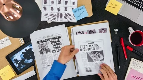 Detective is studying a file of a criminal group. He looks at the photos. Stock Footage 80215178