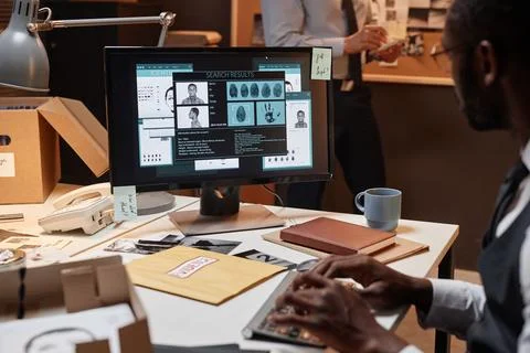 Detective using computer at workplace with personal profile on screen Stock Photos