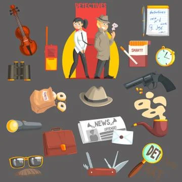 Detectives And Their Equipment Objects Set Ilustração Stock