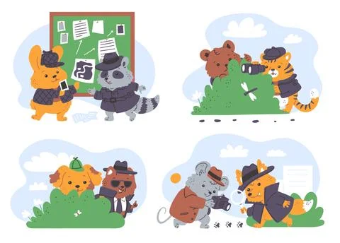 Detectives animals vector set, dog and bear hide peek behind the bushes, ha.. Illustrazione stock
