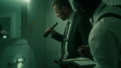 Detectives Examining Crime Scene and Taking Notes about Blood Stains Видео 283478683