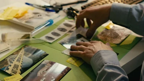 The detective's hands are sorting through the photo documentation for the Stock Footage 237729914