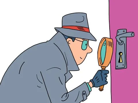 Detectives Magnifying glass peeping through the keyhole of the door. a private Stock Illustration