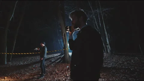 Detectives men work in woods at night with flashlight. Forest, security Stock Footage 172537928