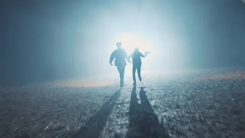 Detectives running in woods at night with flashlight. Forest, security Stock Footage 175412126